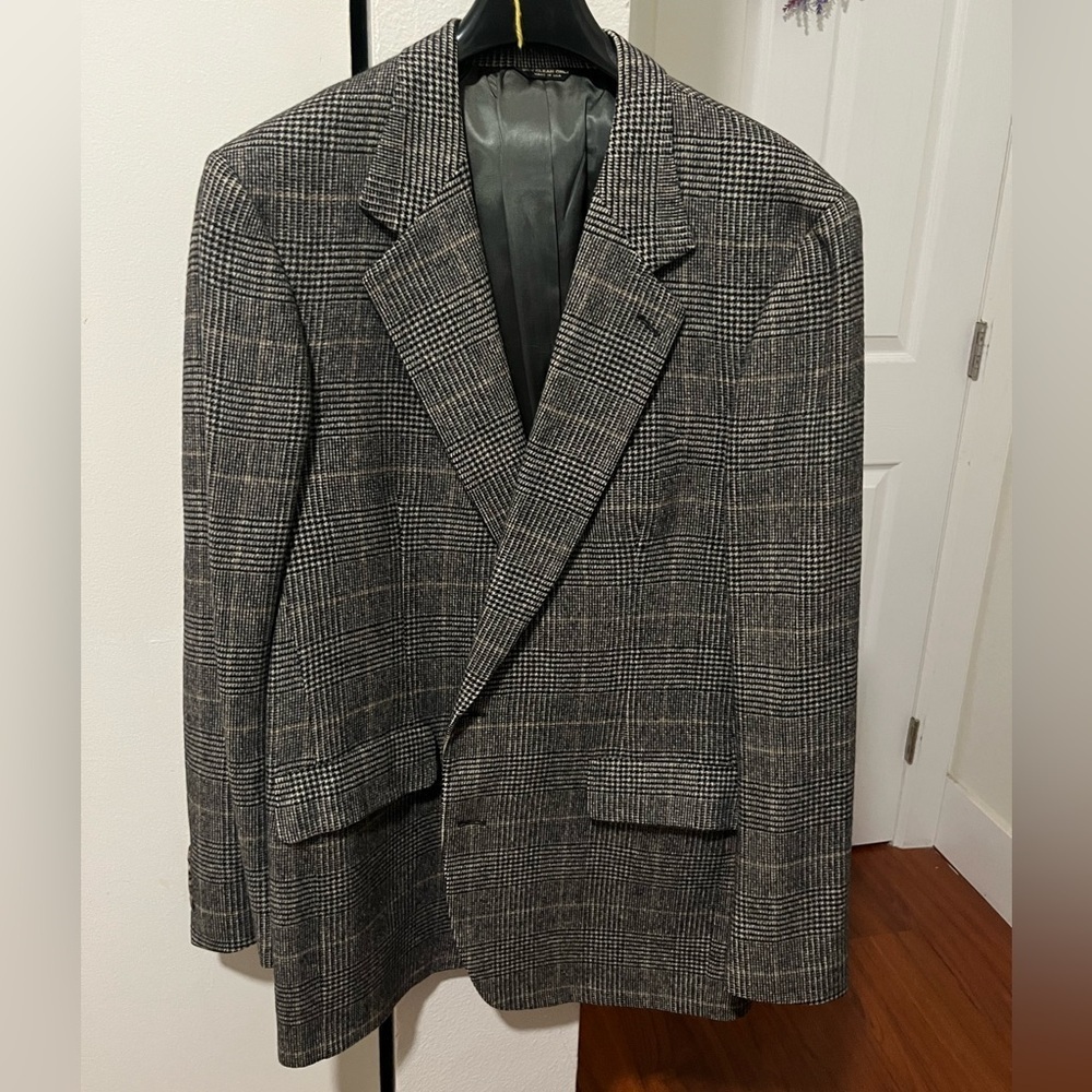Saks Fifth Avenue Camel Hair Gray Checkered Men's Blazer - Picture 2 of 7